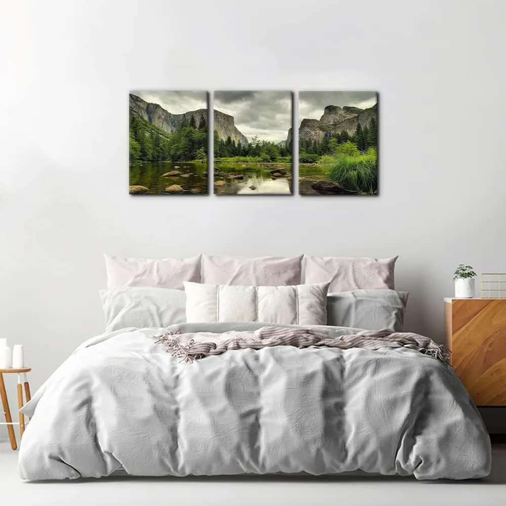 Yosemite National Park Canvas Wall Art Decor 3 Pieces Landscape Wall Art Clear Water Lake Mountain Pictures Painting Prints on Canvas Modern Decoration Stretched Framed Ready to Hang - 12"x16"x3 Panel