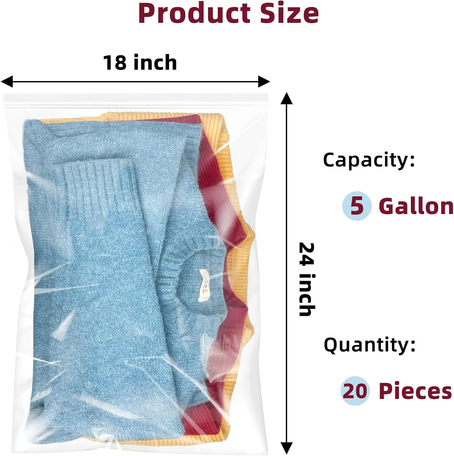 Yotelab Large 5 Gallon Plastic Zipper Storage Bags, 18x24 Inches Clear Reclosable Storage Bags 20Pieces