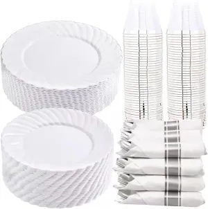 YOUBET 350PCS Silver Plastic Plates - Disposable Silver Dinnerware Set include 100Plates, 50 Pack Pre Rolled Napkins with Plastic Silverware and 50Cups for Wedding & Parties