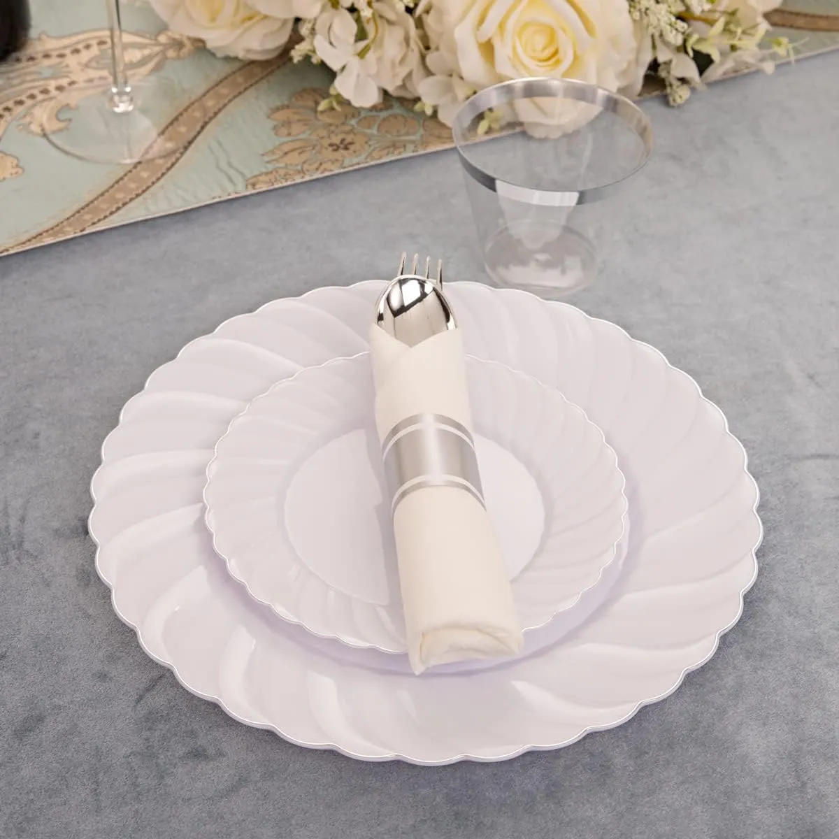 YOUBET 350PCS Silver Plastic Plates - Disposable Silver Dinnerware Set include 100Plates, 50 Pack Pre Rolled Napkins with Plastic Silverware and 50Cups for Wedding & Parties