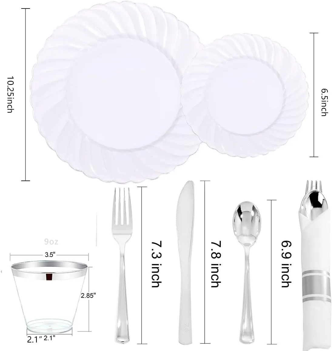 YOUBET 350PCS Silver Plastic Plates - Disposable Silver Dinnerware Set include 100Plates, 50 Pack Pre Rolled Napkins with Plastic Silverware and 50Cups for Wedding & Parties