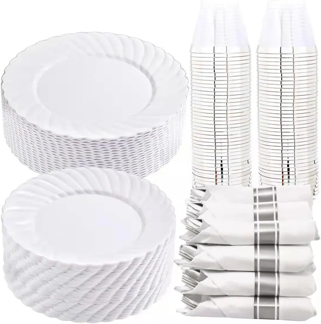 YOUBET 350PCS Silver Plastic Plates - Disposable Silver Dinnerware Set include 100Plates, 50 Pack Pre Rolled Napkins with Plastic Silverware and 50Cups for Wedding & Parties
