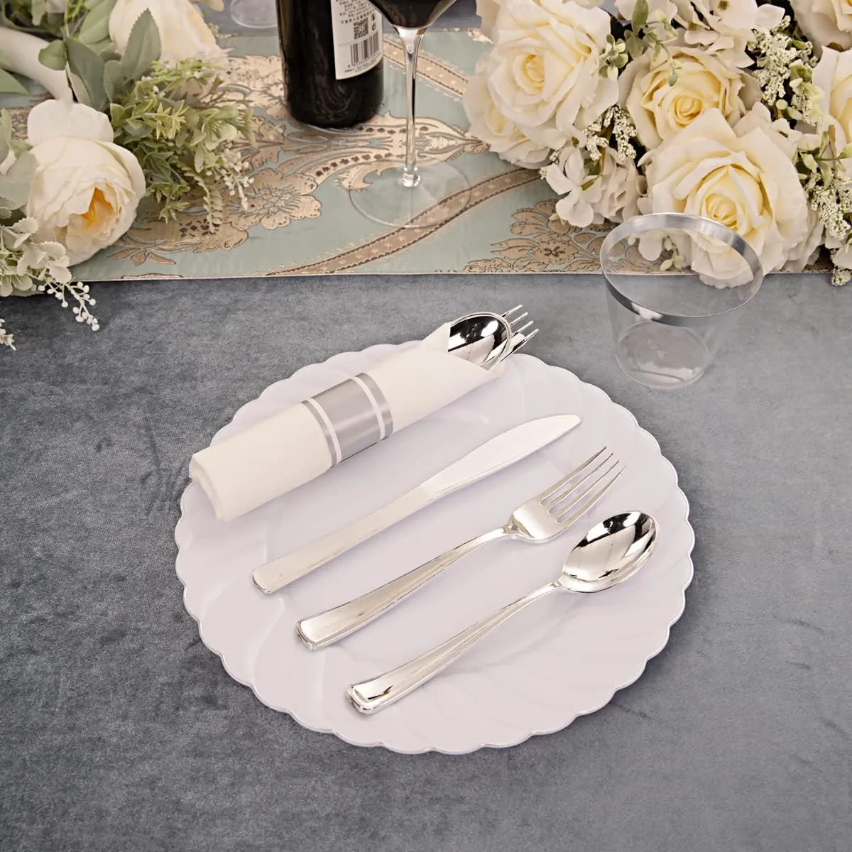 YOUBET 350PCS Silver Plastic Plates - Disposable Silver Dinnerware Set include 100Plates, 50 Pack Pre Rolled Napkins with Plastic Silverware and 50Cups for Wedding & Parties