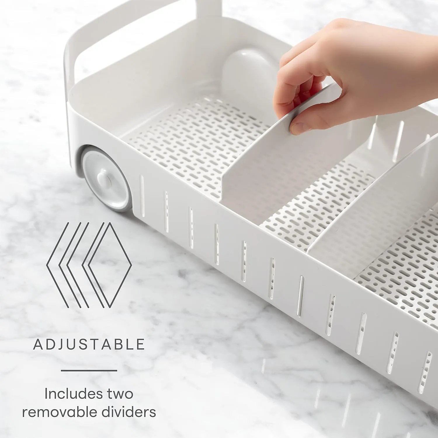YouCopia RollOut Caddy Rolling Storage Bin with 2 Adjustable Dividers and Removable Basket for Kitchen and Bathroom Under Sink Organization, 8" Wide, White