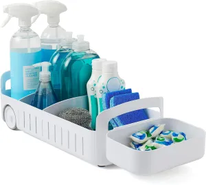 YouCopia RollOut Caddy Rolling Storage Bin with 2 Adjustable Dividers and Removable Basket for Kitchen and Bathroom Under Sink Organization, 8" Wide, White