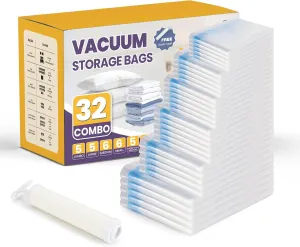 YSSOA 32 Combo Vacuum Seal Bags (5 Jumbo/5 L/6 M/6 S/5 Roll M/5 Roll S) 80% Space Saver Bags with Travelling Pump for Quilts and Blankets Storage