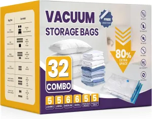 YSSOA Vacuum Storage Bags, 32-Pack Space Saver Vacuum Storage Bags, Vacuum Seal Bags for Clothing, Clothes, Comforters and Blankets Clear