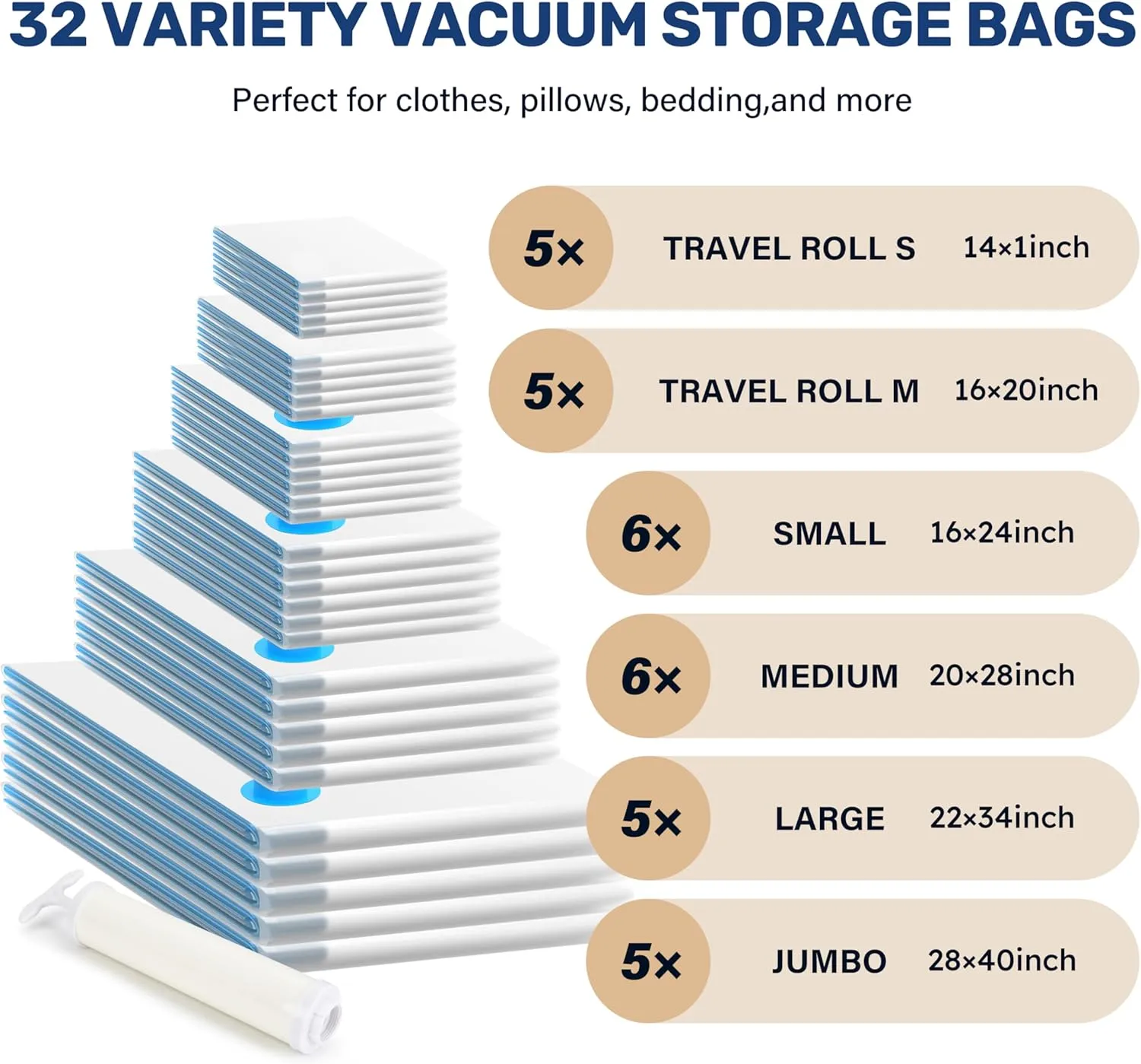 YSSOA Vacuum Storage Bags, 32-Pack Space Saver Vacuum Storage Bags, Vacuum Seal Bags for Clothing, Clothes, Comforters and Blankets Clear