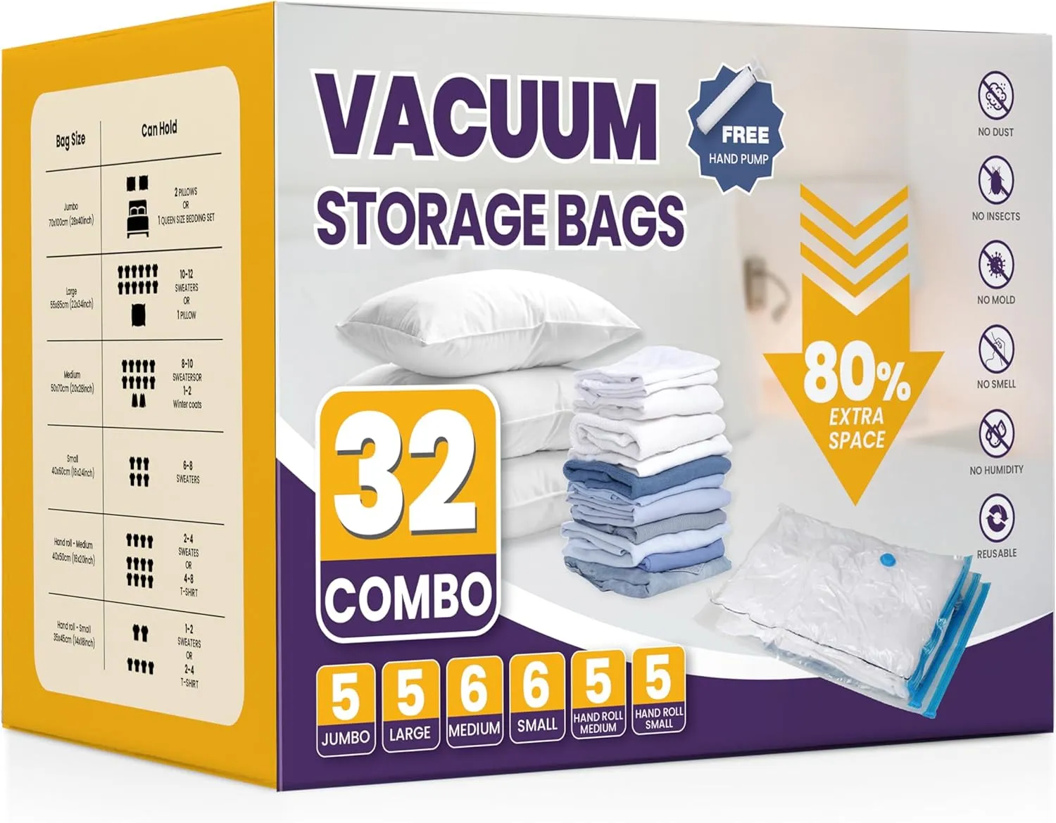 YSSOA Vacuum Storage Bags, 32-Pack Space Saver Vacuum Storage Bags, Vacuum Seal Bags for Clothing, Clothes, Comforters and Blankets Clear