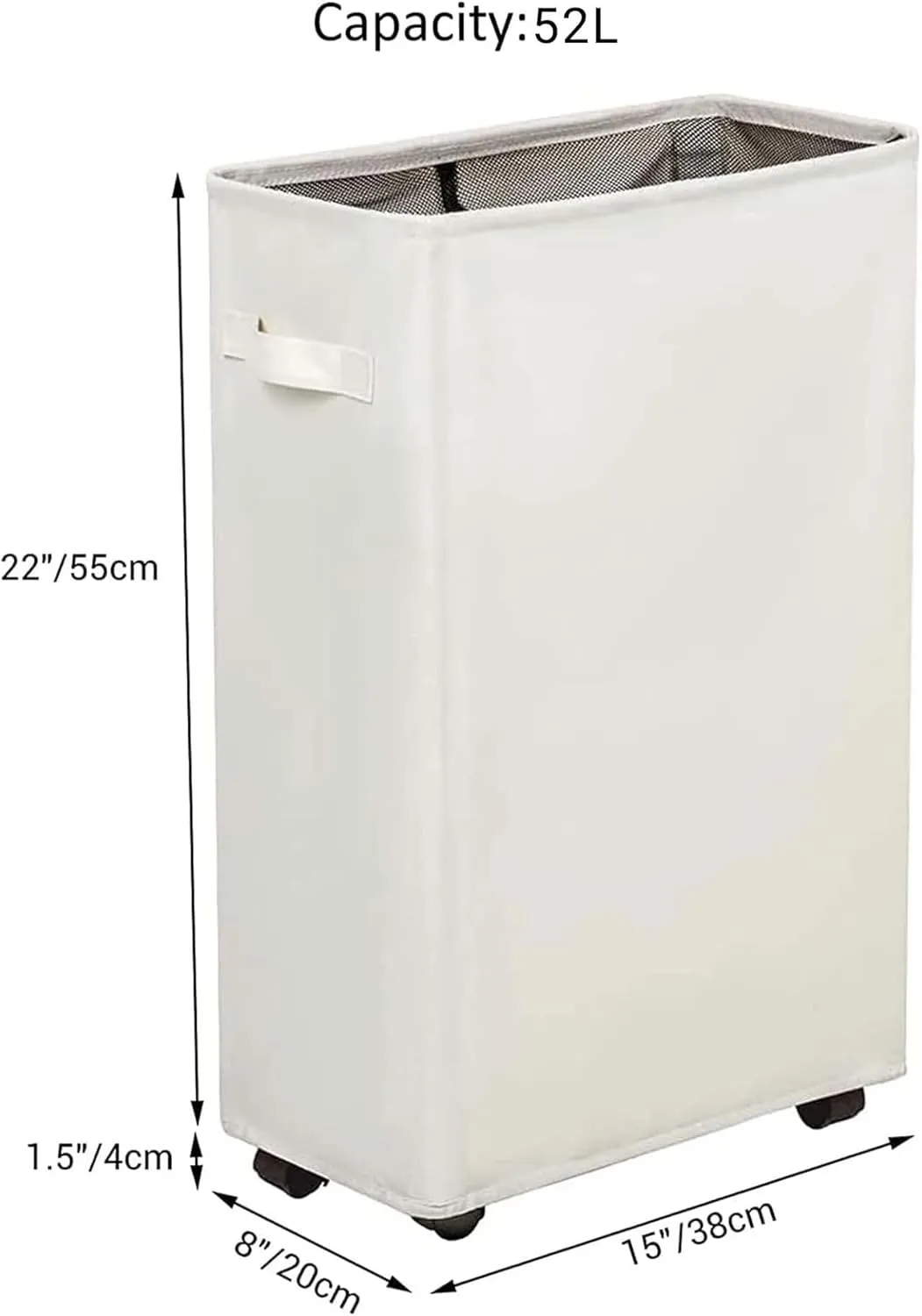 ZERO JET LAG Slim Rolling Laundry Hamper - Standable Corner Design - Handy Storage Bin Laundry Basket - 52L Storage Bin - Slim Hamper with Wheels - 15×8×22" (22" Beige)