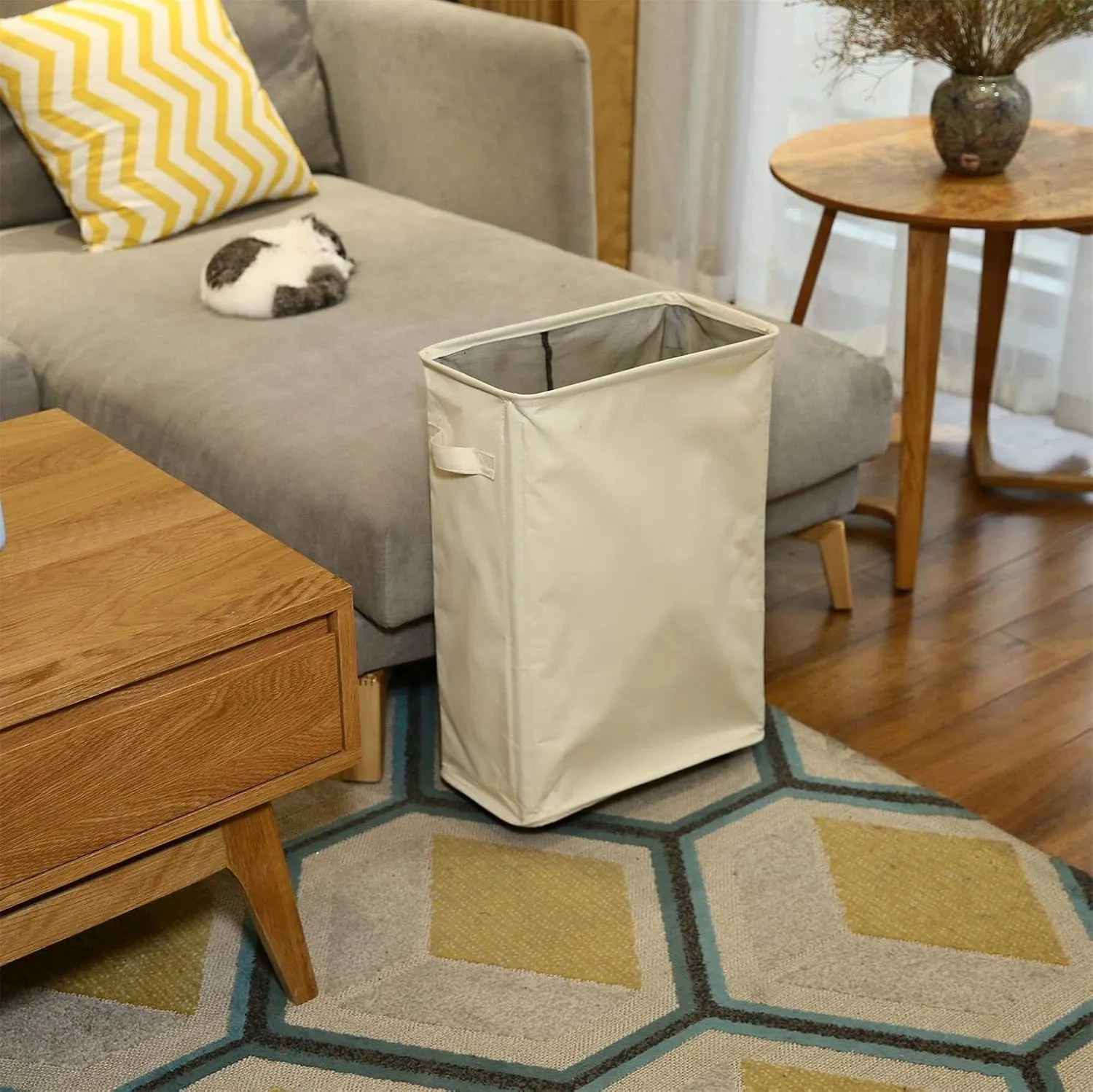 ZERO JET LAG Slim Rolling Laundry Hamper - Standable Corner Design - Handy Storage Bin Laundry Basket - 52L Storage Bin - Slim Hamper with Wheels - 15×8×22" (22" Beige)