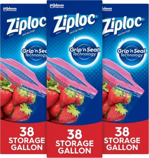 Ziploc Storage Bags with New Grip 'n Seal Technology, For Food, Sandwich, Organization and More, Gallon, 38 Count, Pack of 3 (114 Total Bags)
