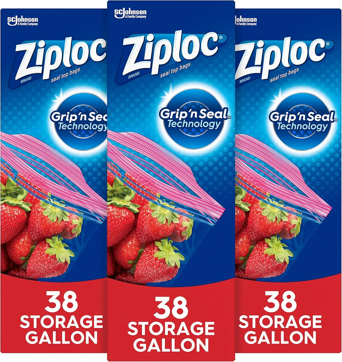 Ziploc Storage Bags with New Grip 'n Seal Technology, For Food, Sandwich, Organization and More, Gallon, 38 Count, Pack of 3 (114 Total Bags)