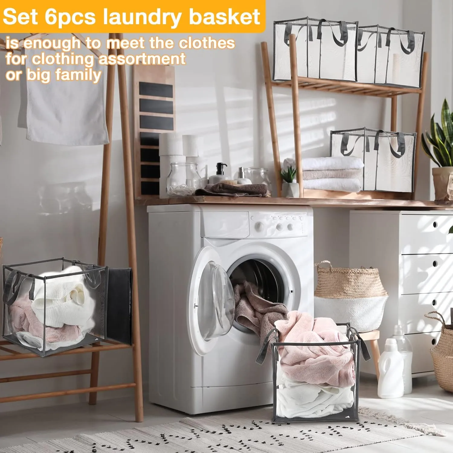 Zopeal 6 Pack Popup Laundry Hamper 13 Inch Collapsible Laundry Baskets with Handles Mesh Clothes Baskets Portable Single Layer Foldable Clothes Hamper Square Bin for Washing, Toy Storage(Grey)