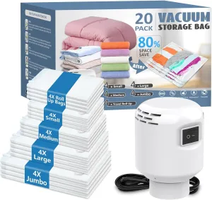 ZXA Vacuum Storage Bag with Electric Air Pump, 20 Pack (4 Jumbo, 4 Large, 4 Medium, 4 Small, 4 Roll Up Bags) Vacuum Seal Bags for Clothing, Pillows, Blanket, Duvets, Comforters, Travel