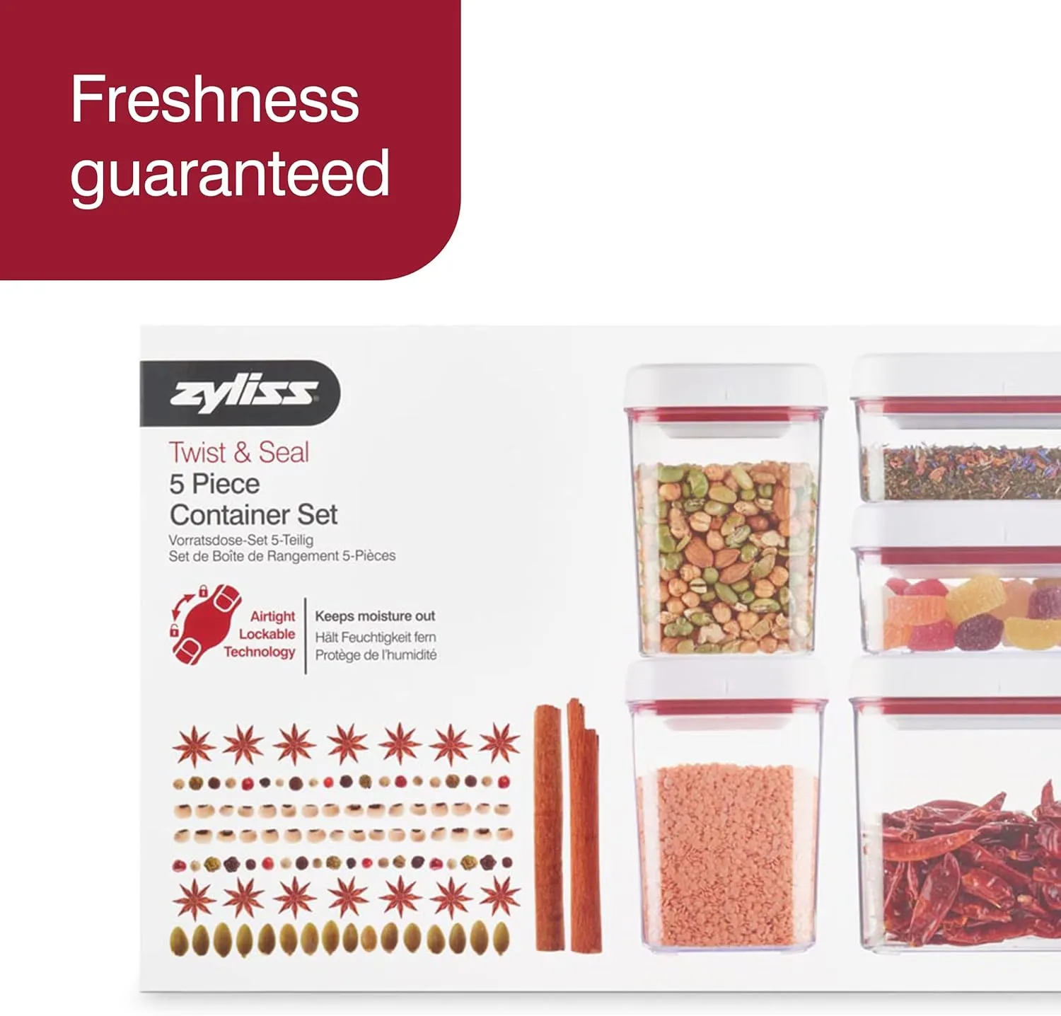 Zyliss Twist & Seal 5-Piece Storage Container Set - Airtight Food Storage Containers - Coffee, Sugar, Cereal, Flour, Pasta and Snack Containers - BPA-Free Food Storage - 5 Pieces
