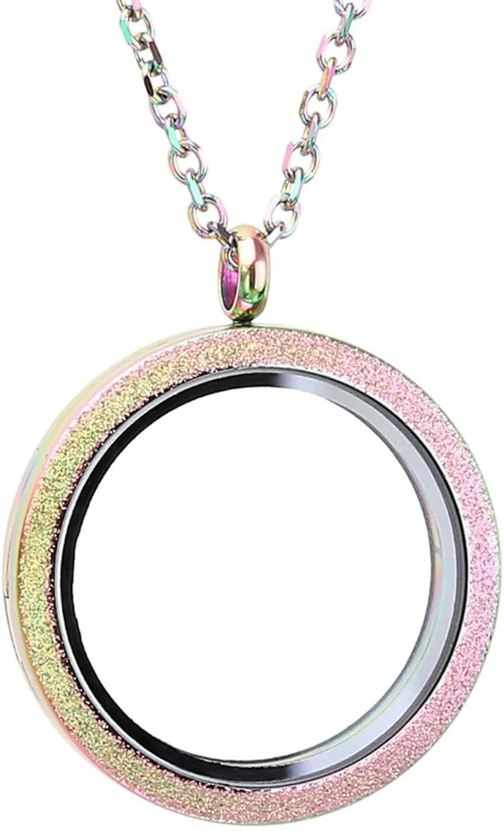 Zysta Silver Round Locket Pendant Necklace 30mm Glossy Stainless Steel Clear Glass Living Memory Floating Charms Stone Storage