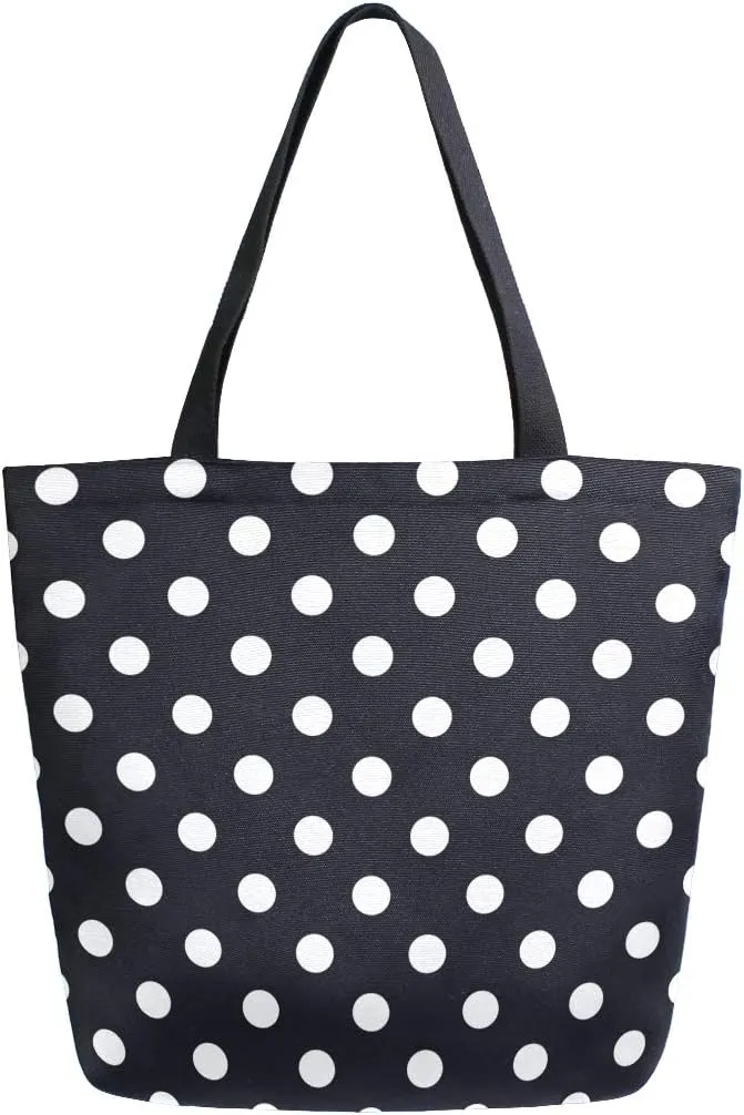 ZZXXB Black and White Polka Dot Reusable Grocery Shopping Bag Heavy Duty Canvas Tote Bag Large Collapsible Washable Handbag Shoulder for Women