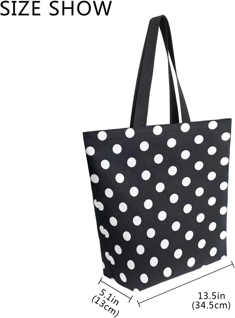 ZZXXB Black and White Polka Dot Reusable Grocery Shopping Bag Heavy Duty Canvas Tote Bag Large Collapsible Washable Handbag Shoulder for Women
