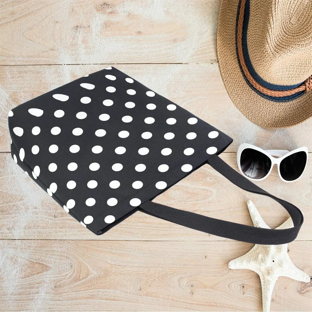 ZZXXB Black and White Polka Dot Reusable Grocery Shopping Bag Heavy Duty Canvas Tote Bag Large Collapsible Washable Handbag Shoulder for Women