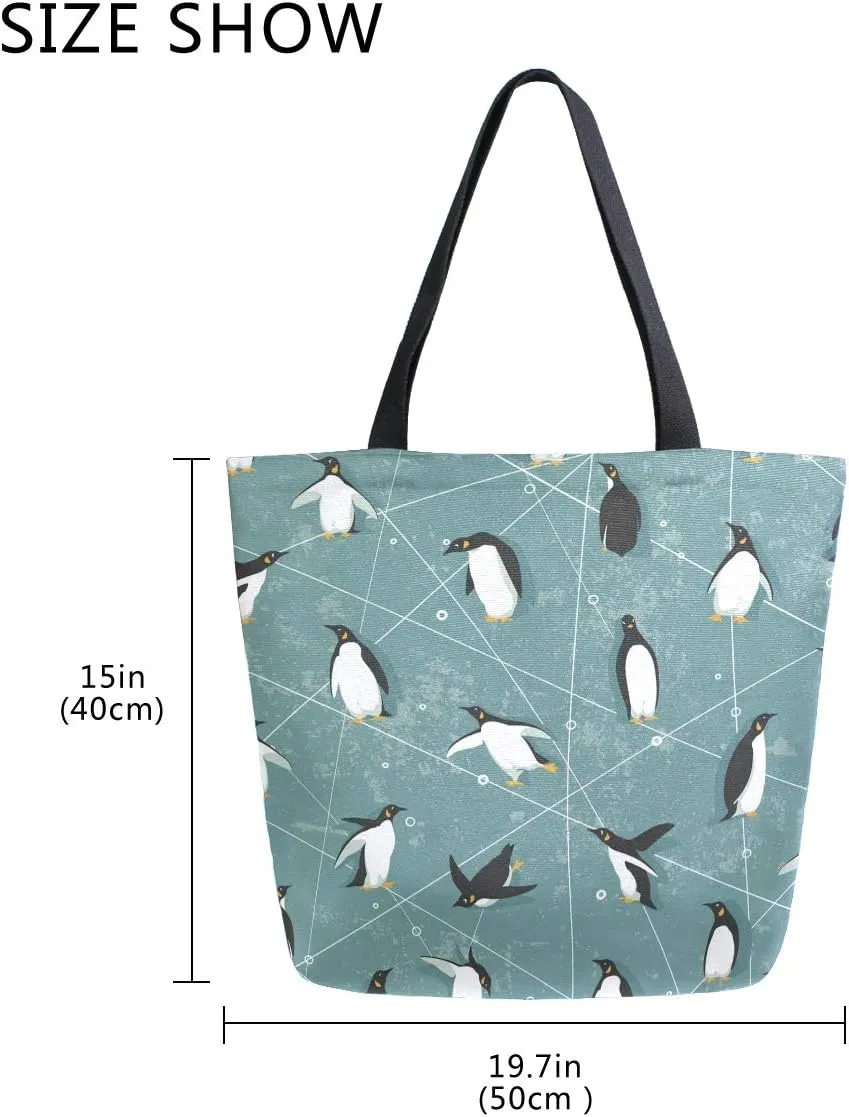 ZZXXB Penguin Skating Reusable Grocery Shopping Bag Heavy Duty Canvas Tote Bag Large Collapsible for Women